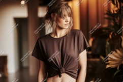 Woman wearing knotted brown t shirt image Product Image 1