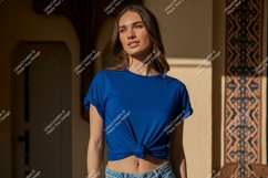 Woman wearing blue t shirt mockup image Product Image 1