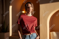 Woman wearing red t shirt and jeans image Product Image 1