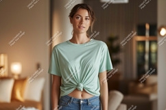 Woman wearing mint green t shirt and blue jeans image Product Image 1