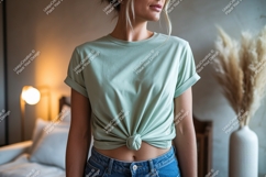 Woman wearing mint green t shirt tied at waist image Product Image 1