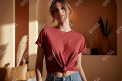 Woman wearing red t shirt and blue jeans image Product Image 1