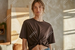 Woman wearing brown t shirt knot Product Image 1