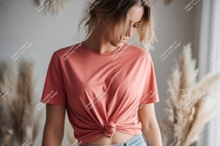 Woman wearing coral t shirt mockup Product Image 1