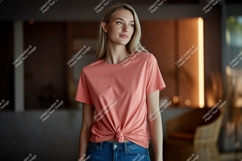 Woman wearing coral t shirt tied at waist image Product Image 1