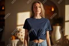 Blonde woman wearing navy blue t shirt mockup Product Image 1