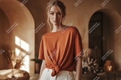 Woman wearing knotted orange t shirt and white pants Product Image 1