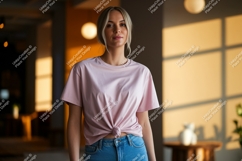 Pink t shirt mockup with knot woman Product Image 1