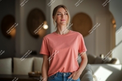 Woman wearing coral t-shirt and denim jeans image Product Image 1