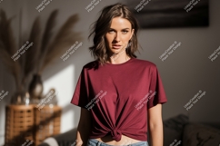 Woman wearing maroon t shirt tied Product Image 1