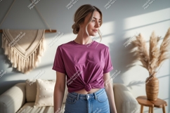 Woman wearing plum t shirt and denim image Product Image 1