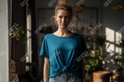 Woman wearing teal knotted t shirt image Product Image 1