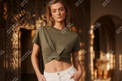 Woman wearing olive green t shirt and white jeans fashion Product Image 1