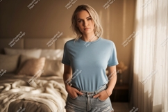 Woman wearing blue t-shirt and denim shorts Product Image 1