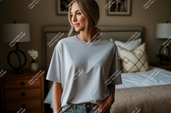 Woman wearing grey t-shirt indoors mockup Product Image 1