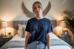Woman wearing navy blue t shirt and jeans Product Image 1