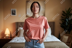 Woman wearing salmon t shirt and denim image Product Image 1