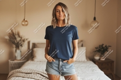 Woman wearing navy t shirt and denim shorts image Product Image 1