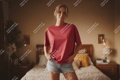 Woman wearing red t shirt and denim shorts image Product Image 1