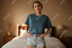 Teal shirt denim shorts mockup woman Product Image 1