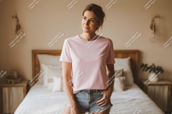 Woman wearing pink t shirt and denim shorts image Product Image 1