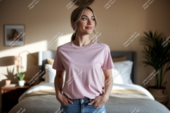 Woman wearing pink t-shirt and jeans Product Image 1