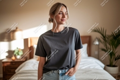 Woman wearing dark grey t shirt mockup Product Image 1