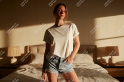 Woman wearing casual t shirt and denim shorts image Product Image 1