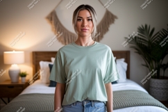 Woman wearing light green t shirt casual Product Image 1
