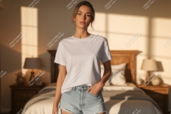 Woman wearing white t shirt and denim shorts image Product Image 1