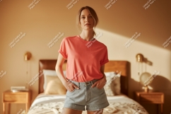 Woman wearing coral t shirt and denim shorts Product Image 1