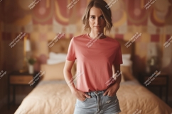 Woman wearing coral t shirt and denim shorts Product Image 1