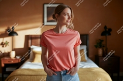 Woman wearing olive green t shirt and denim jeans image Product Image 1