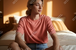 Woman wearing coral t shirt and denim shorts image Product Image 1