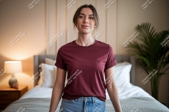 Woman wearing maroon t shirt and jeans image Product Image 1