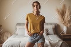 Woman wearing mustard t shirt and denim shorts image Product Image 1