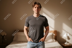 Man wearing dark grey t shirt and blue jeans mockup Product Image 1