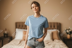 Woman wearing blue t shirt and denim shorts image Product Image 1