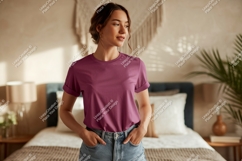 Woman wearing plum t shirt and denim jeans image Product Image 1