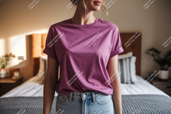 Woman wearing purple t shirt and jeans image Product Image 1