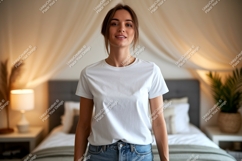 Woman wearing white t shirt and jeans image Product Image 1