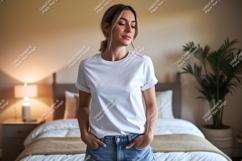 Woman wearing white t shirt and denim shorts t-shirt Product Image 1