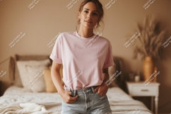 Woman wearing pink t shirt denim shorts image Product Image 1