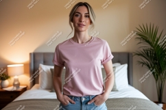 Woman wearing pink t shirt and jeans image Product Image 1