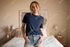 Woman wearing navy t shirt denim shorts image Product Image 1