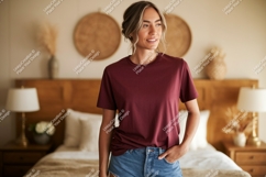 Woman wearing maroon t shirt and denim shorts image Product Image 1