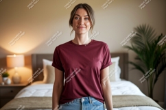Woman wearing maroon t shirt and jeans image Product Image 1