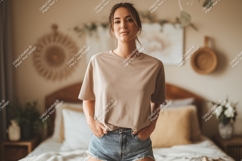 Young woman wearing beige t shirt and denim shorts Product Image 1