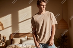 Man wearing beige t shirt in bedroom mockup Product Image 1