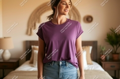 Woman wearing purple t shirt and denim shorts t-shirt Product Image 1